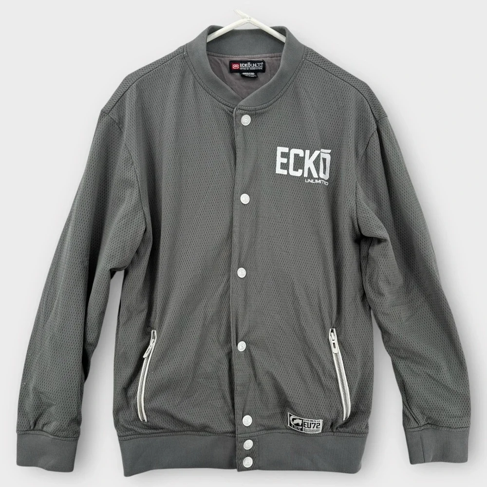 Ecko Unltd Bomber Jacket Mens Medium Gray Zip Pocket Snap Front Mesh EU72 Y2K